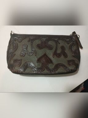 Leaders In Leather Hand Tooled Leather Clutch Crossbody Bag Brown Green Boho VTG